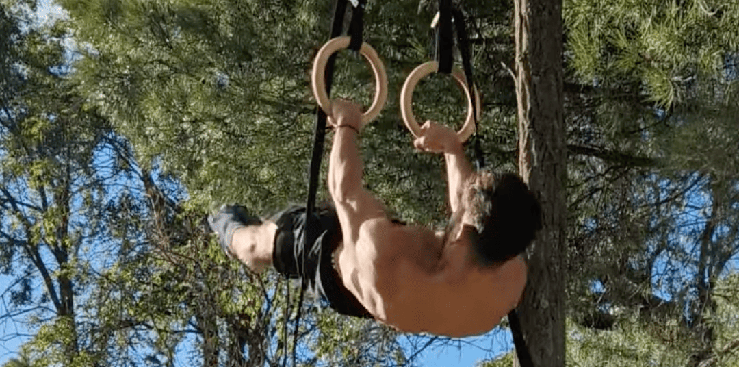 Athlète faisant un front lever sur anneaux de gymnastique, accroché à un arbre